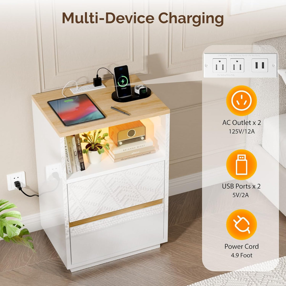 VINGLI White Nightstand with Charging Station, High Gloss Led Night Stand with Drawers, End Table, Bedside Table, Smart Nightstand Modern, Small Night Stand for Bedroom, 15.63" W*11.61" D*23.62" H