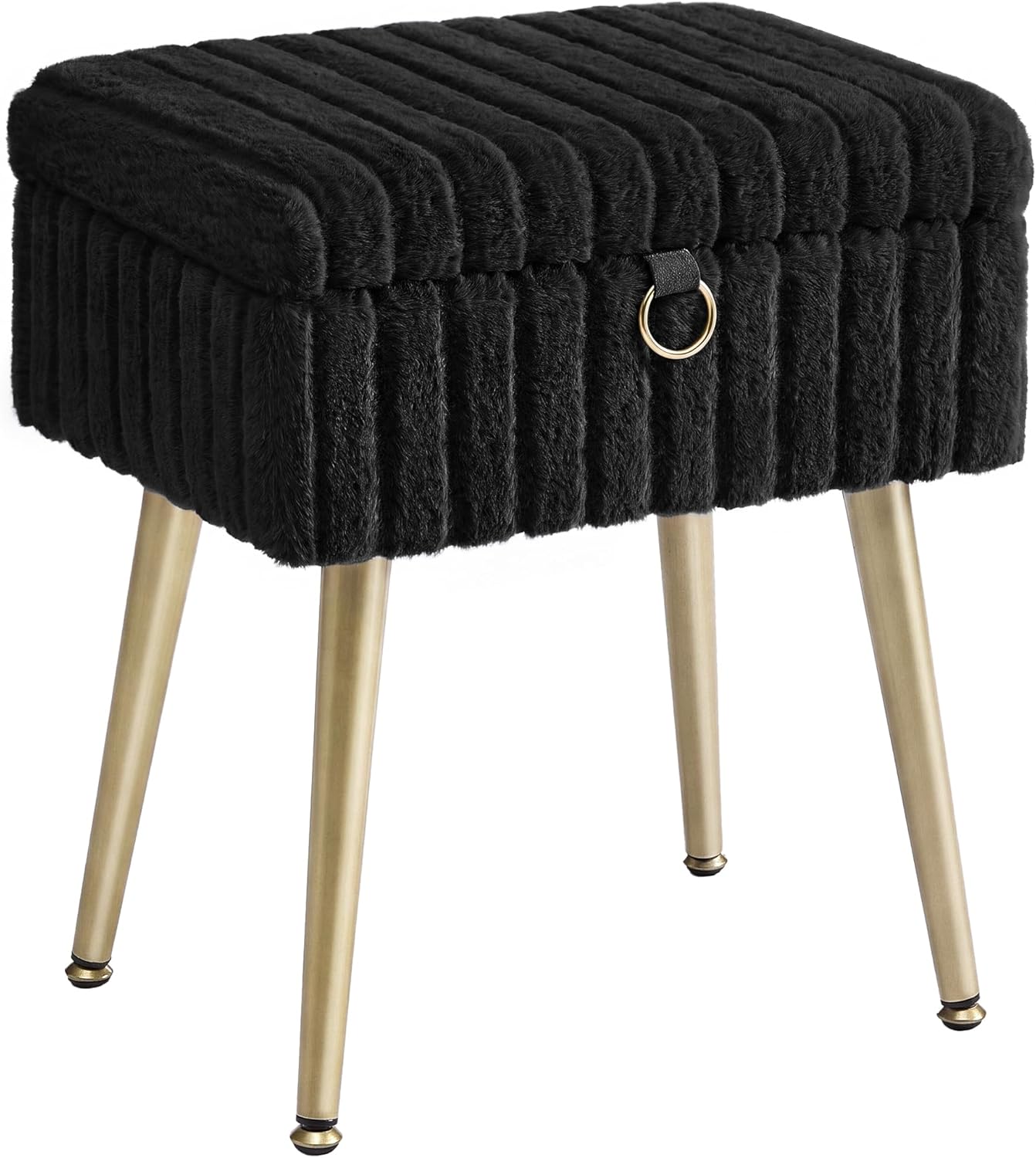 SONGMICS Vanity Stool Chair Faux Fur with Storage, Vanity Bench, Metal Legs, Adjustable Feet, for Living Room, Bedroom, Makeup Room, Ink Black ULOM505BZ02
