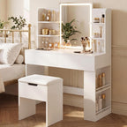 YESHOMY 35.4 Inch Vanity Desk Set with LED Mirror and Lights, Modern White | Makeup Vanity Set with 2 Drawers, Side Shelves, Storage Bench, Open Shelves and 3 Color Lighting Modes