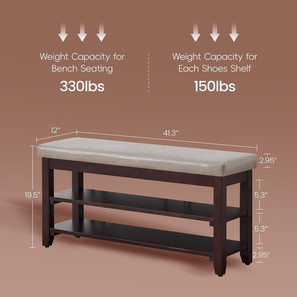 40" Shoe Bench with Leather Cushion, Upholstered Entryway Bench, Grey | Mid Century Modern Shoe Rack, Solid Wood Frame, 2-Tier, End of Bed, Hallway, Mudroom, Bedroom