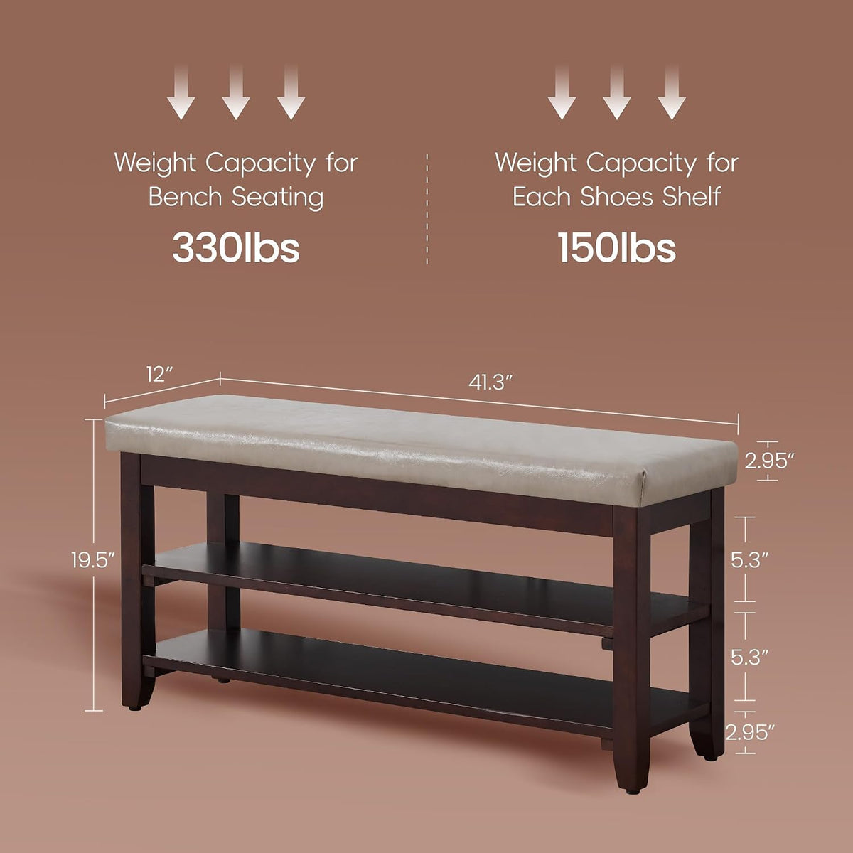 40" Shoe Bench with Leather Cushion, Upholstered Entryway Bench, Grey | Mid Century Modern Shoe Rack, Solid Wood Frame, 2-Tier, End of Bed, Hallway, Mudroom, Bedroom