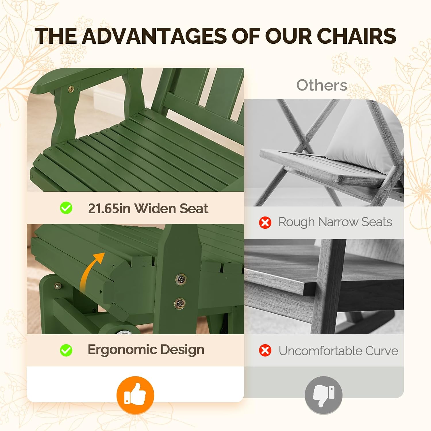 VINGLI Outdoor Glider Chair Wood Patio Glider with Cup Holder, Porch Glider with Smooth Rocking Mechanism, Heavy Duty 600 LBS, Dark Green