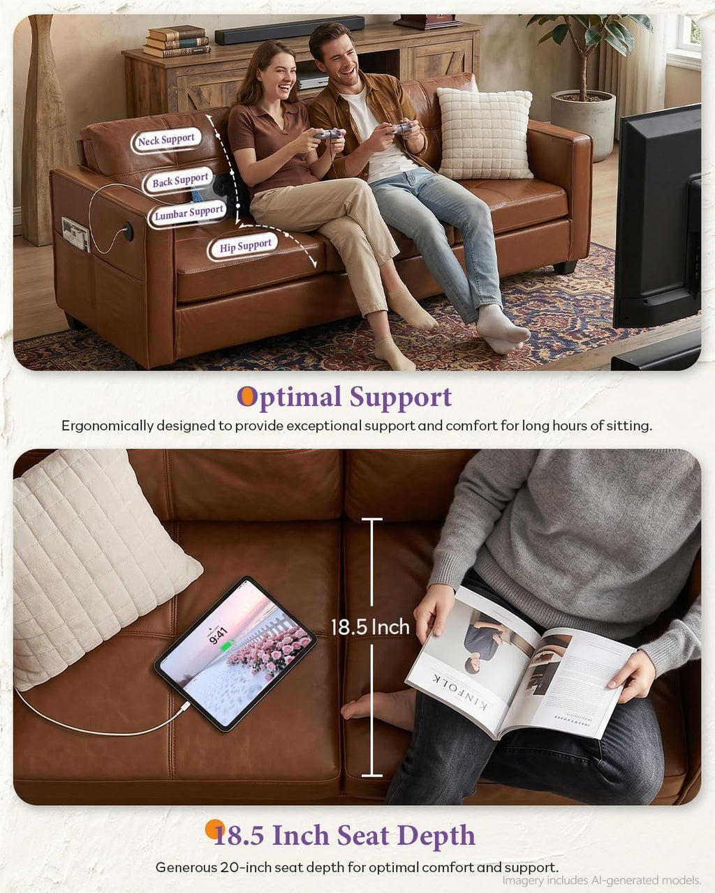 Brown Leather 3-Piece Sofa Set with USB & Type-C, Living Room Couch | TYBOATLE Sectional Couches, Comfy 3-Piece Living Room Furniture with Charging Ports, RV Office Apartment Bedroom, Brown