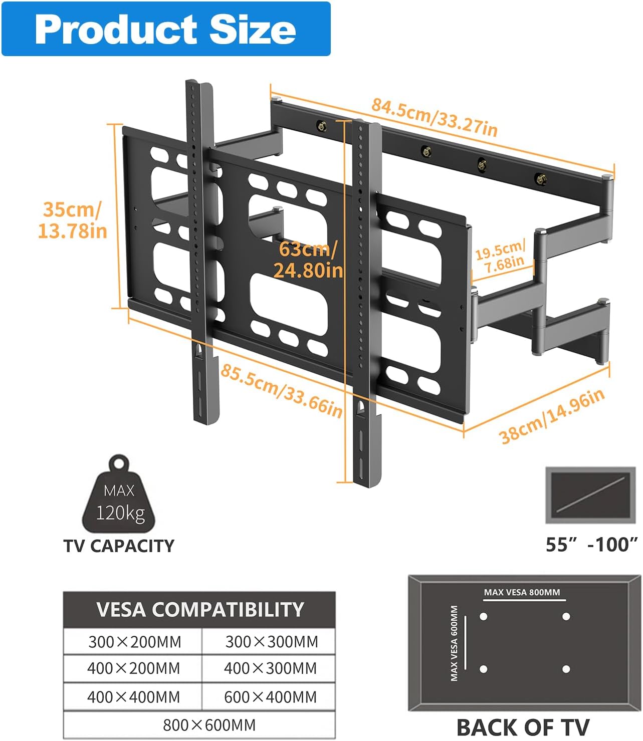 TV Wall Mount for 55-100 Inch TVs, Holds up to 264 lbs | Heavy Duty TV Mount with Extension,Wall Mount TV Bracket with Articulating Dual Arms,Max VESA 800 x 600mm ,VC-Z1688