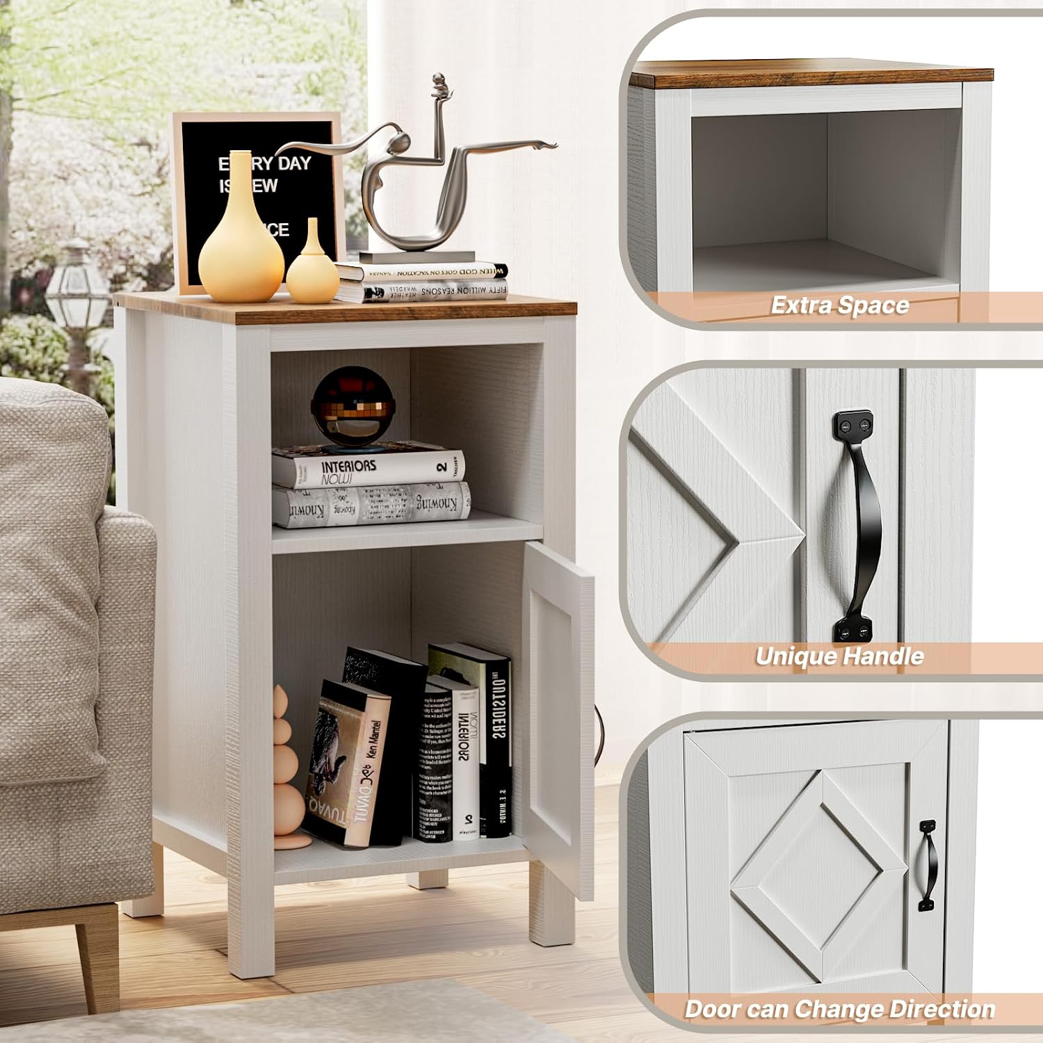BVIUNTWO Set of 2 Modern White Side Tables with Cabinet & Open Department, Sofa End Table for Living Room, Nightstand for Bedroom