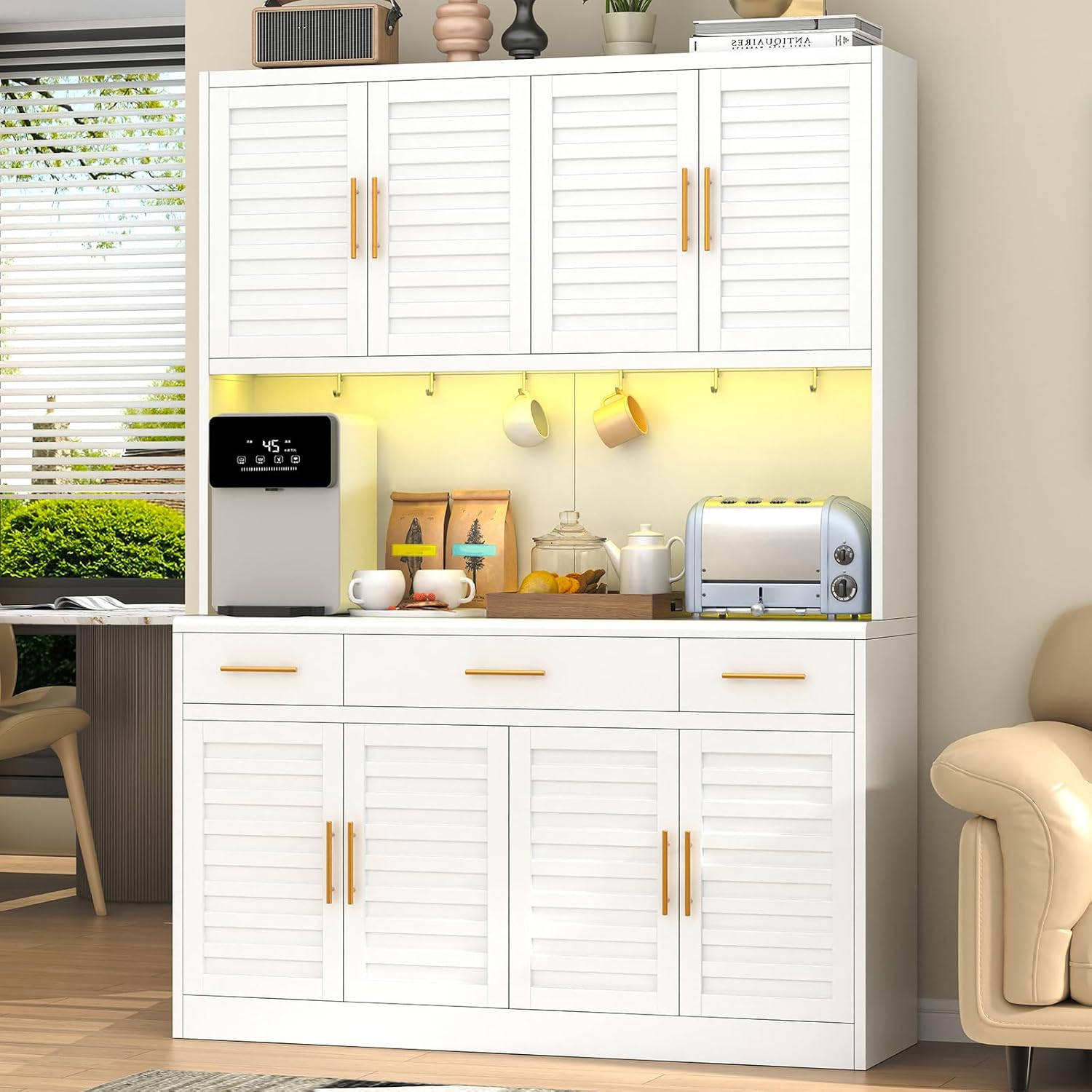 71" Tall Kitchen Pantry Cabinet, Metal Storage Cabinet, with 8 Doors & 6 Adjustable Shelves & 3 Drawer,Cupboard for Bathroom, Dinning Room, Kitchen, White