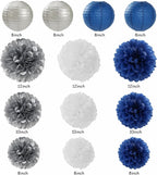 Navy-Blue White Silver Party-Decorations - 20pcs Graduation Paper Lanterns Fans,Tissue Pom Poms,Honeycomb Balls,Bunting,Birthday Bridal Bachelorette Christmas Baby Shower Wedding Decor Burgleda