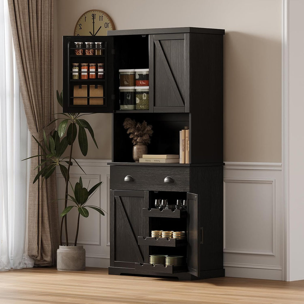 ChooChoo 72" Pantry Cabinet with Storage Drawers, Farmhouse Kitchen Hutch Bar Cabinet with Microwave Stand, Kitchen Cupboard with Door Shelves for Dining Room, Living Room, Black