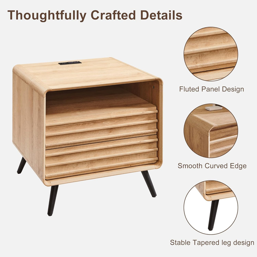 RedLemon 24" Nightstand Set of 2 with Charger Station, Mid Century Modern Fluted End Table with 2 Drawers, Wooden Side Table with Open Cubby Storage for Living Room, Bedroom, Office(Natural Oak)