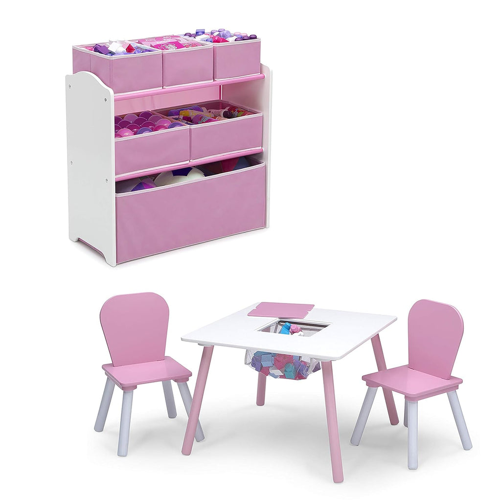 Delta Children 4-Piece Toddler Playroom Set, Pink/White, Table and 2 Chairs and 6-Bin Toy Organizer & MySize Deluxe Toy Box - Greenguard Gold Certified, Bianca White
