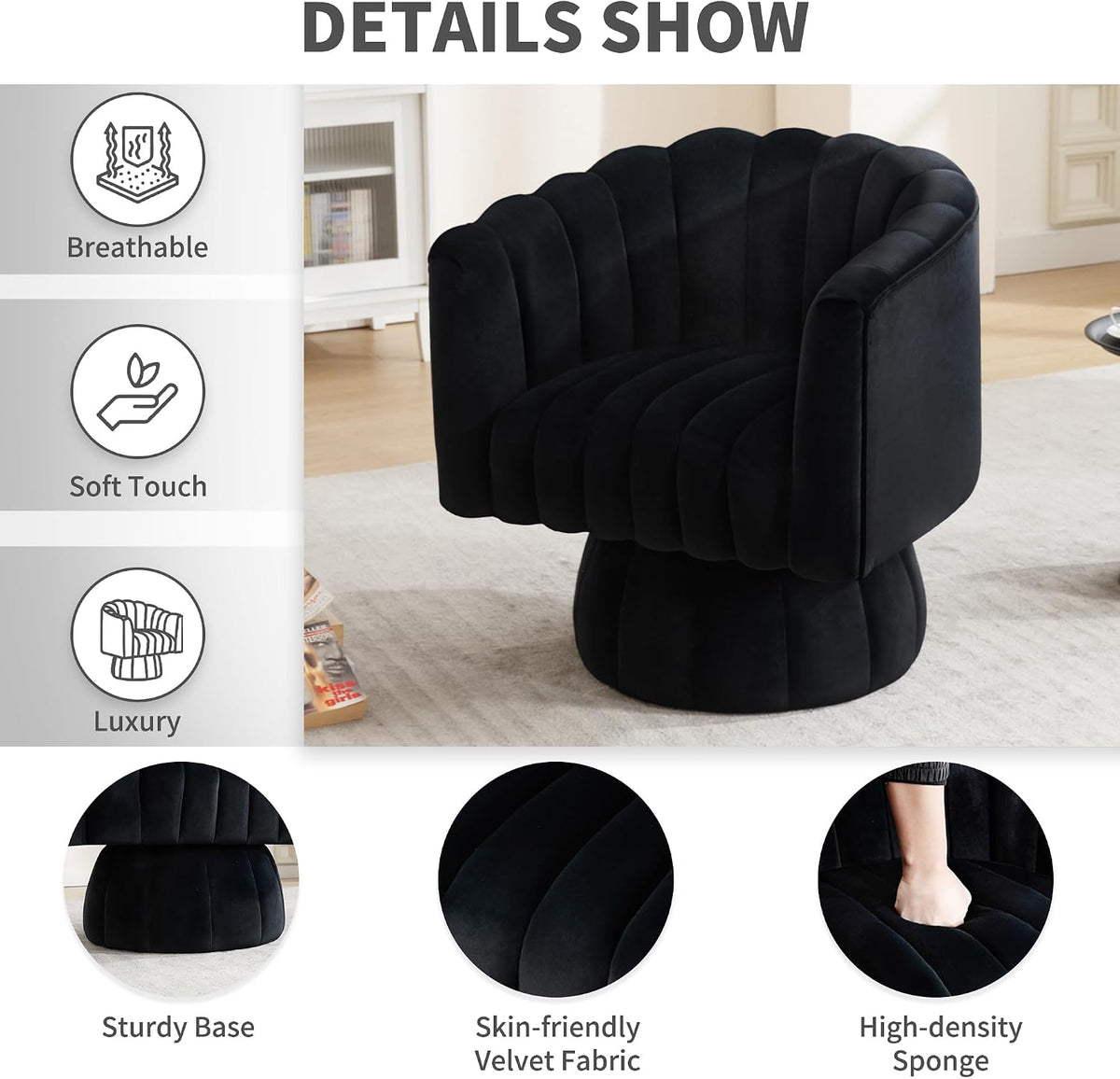 Swivel Accent Barrel Round Chair - Comfy 360° Arm Chairs Cute Small Sofa Club Velvet Reading Chair for Living Room Bedroom Office - Black