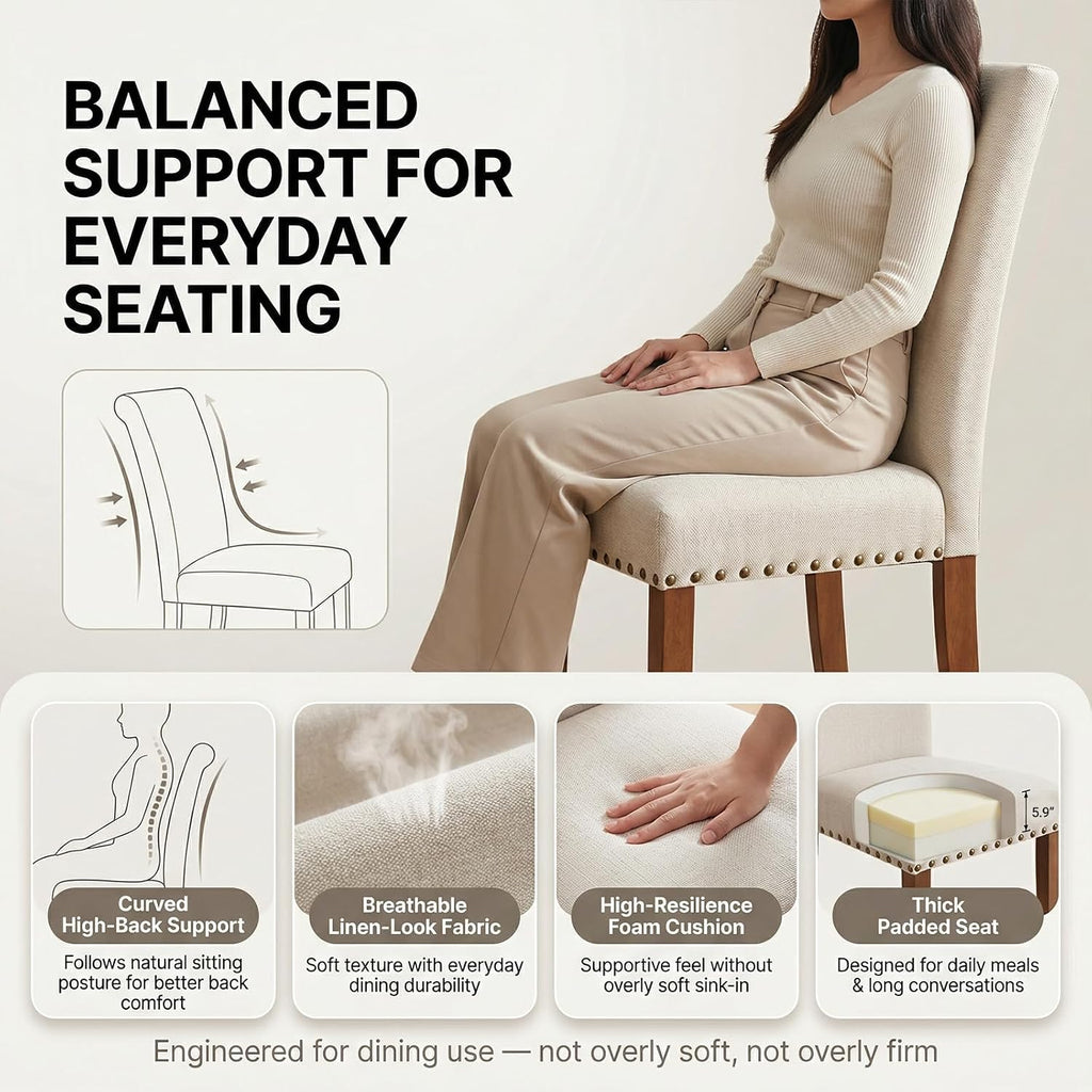 COLAMY Upholstered High Back Dining Room Chairs Set of 4 with Comfortable Padded Seat, Fabric Dining Chairs with Solid Rubber Wood Legs for Dining Room, Classic Gray Damask Pattern, Beige