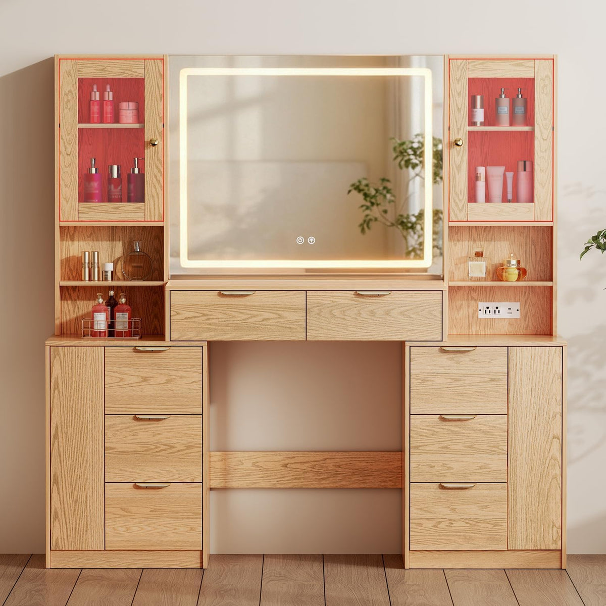 Chrangmay 55.4" Big Modern Vanity Desk with Mirror and Lights,Makeup Vanity Desk with 8 Drawers and Storage Shelves & Power Outlet,RBP Glass Cabinets, Oak