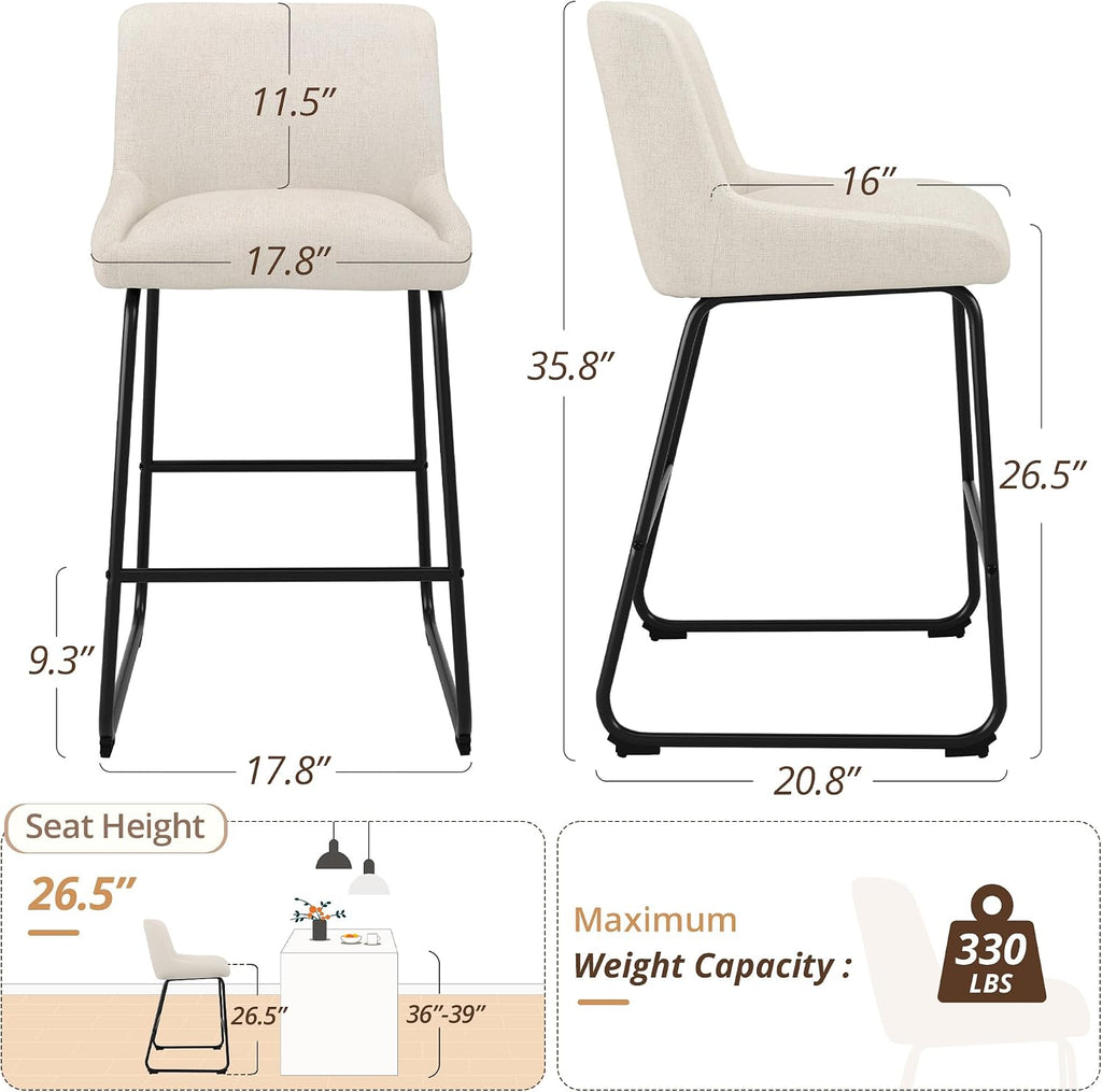 LUE BONA 26 Inch Counter Height Bar Stools Set of 3, Linen Upholstered Barstools, Barstool with Back, Comfortable Bar Chairs, Modern Counter Stools for Kitchen Counter Island