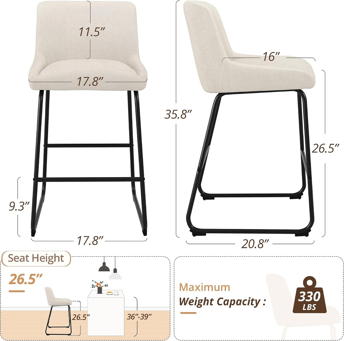 LUE BONA 26 Inch Counter Height Bar Stools Set of 3, Linen Upholstered Barstools, Barstool with Back, Comfortable Bar Chairs, Modern Counter Stools for Kitchen Counter Island