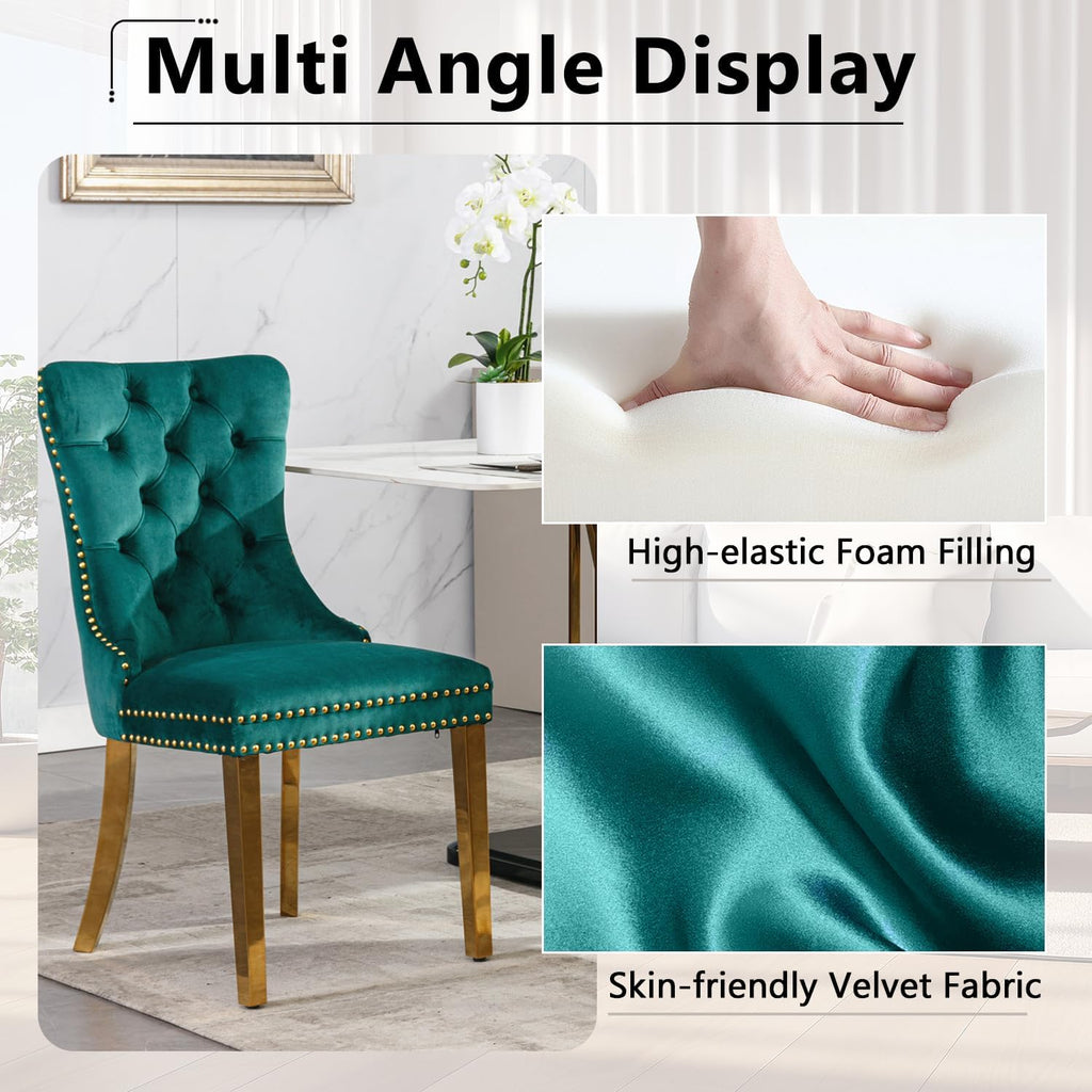 Round Glass Dining Table Set,36'' Glass Kitchen Dining Table Set for 2 4,5-Piece Glass Dinner Table Set with Golden Metal Legs and Velvet Chair Set for Kitchen (Green Chairs3, 36'' Table + 4 Chairs)