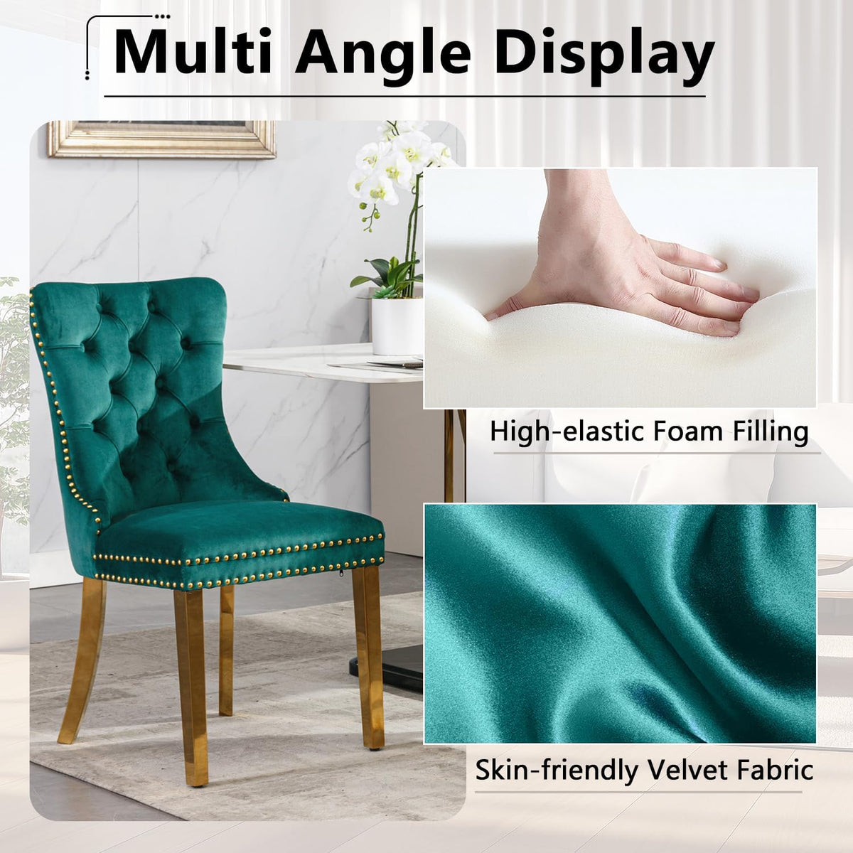Round Glass Dining Table Set,36'' Glass Kitchen Dining Table Set for 2 4,5-Piece Glass Dinner Table Set with Golden Metal Legs and Velvet Chair Set for Kitchen (Green Chairs3, 36'' Table + 4 Chairs)