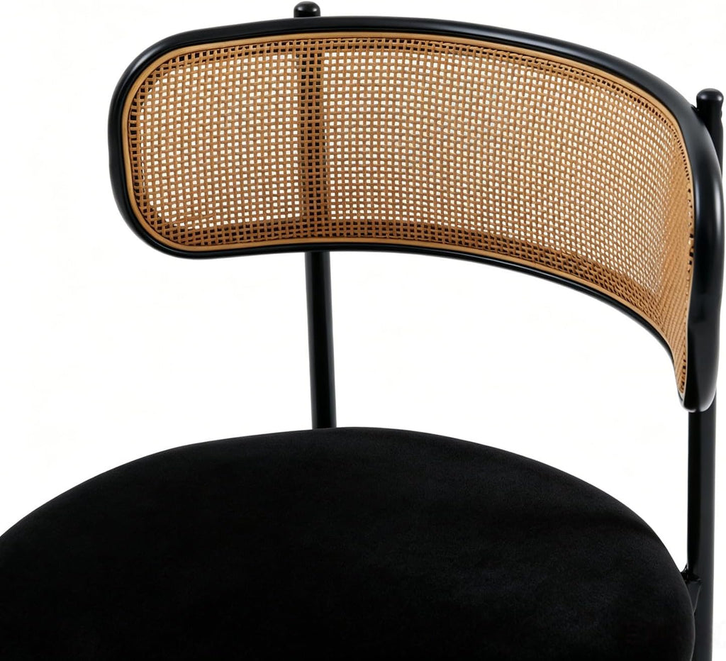 Rattan Dining Chairs Set of 4, Kitchen Chairs with Curved Cane Backrest &Metal Legs, Modern Dining Room Chair, Round Upholstered Sherpa Chair for Living Room, Black