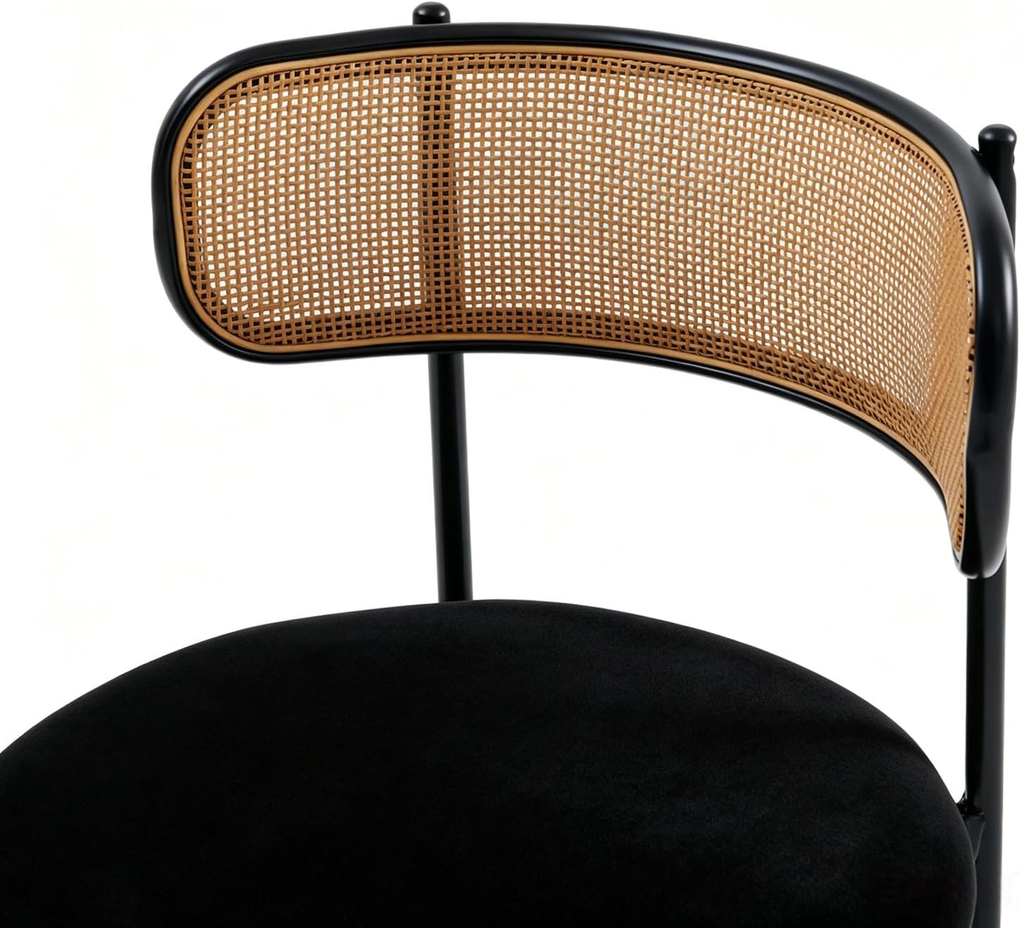 Rattan Dining Chairs Set of 4, Kitchen Chairs with Curved Cane Backrest &Metal Legs, Modern Dining Room Chair, Round Upholstered Sherpa Chair for Living Room, Black