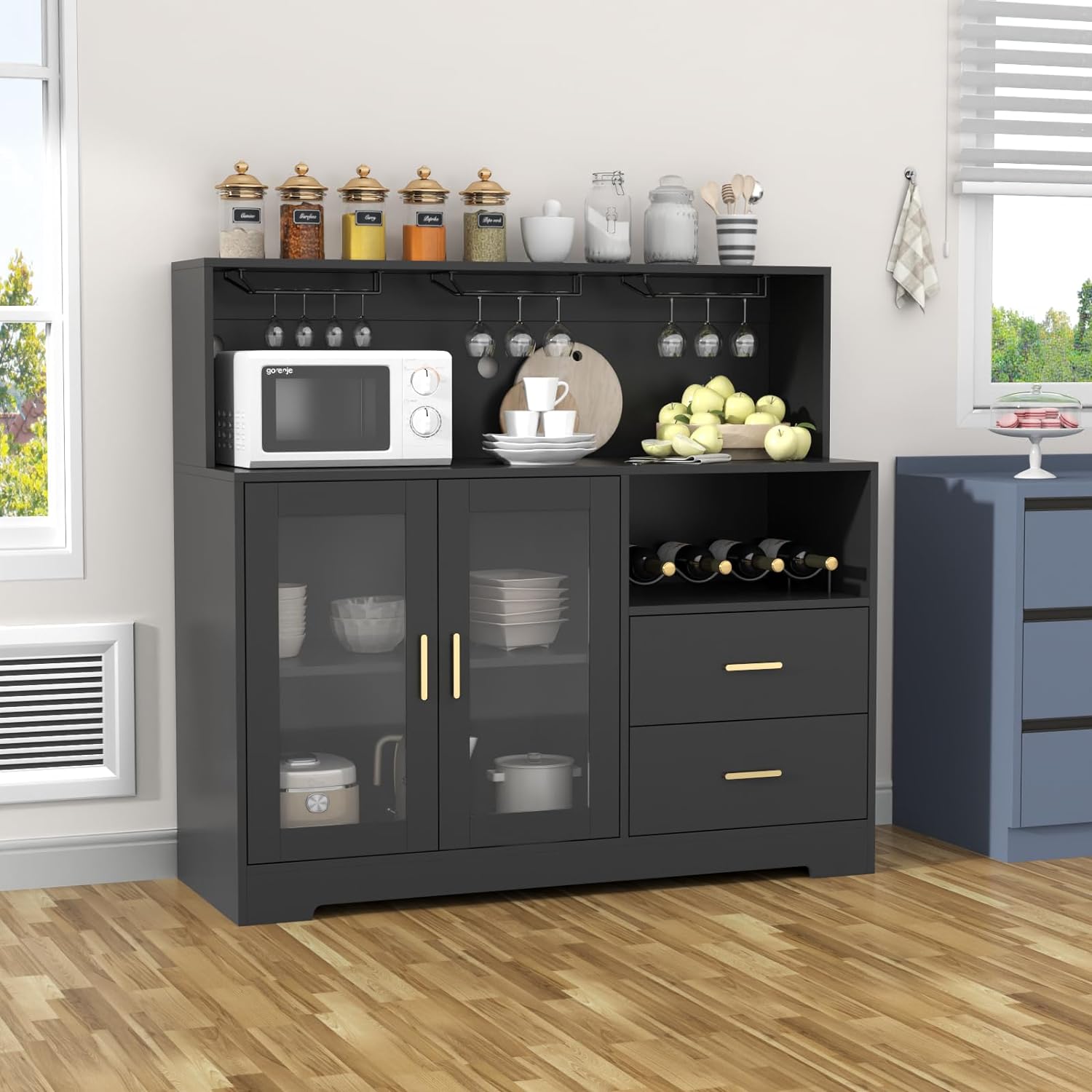 Bar Cabinet for Home with LED Light,Coffee Bar Cabinet w/ Wine & Glass Rack | Wine Cabinets with Drawers & Microwave Stand, Modern Liquor Cabinets for Kitchen, Living Room, Dining Room (Black)