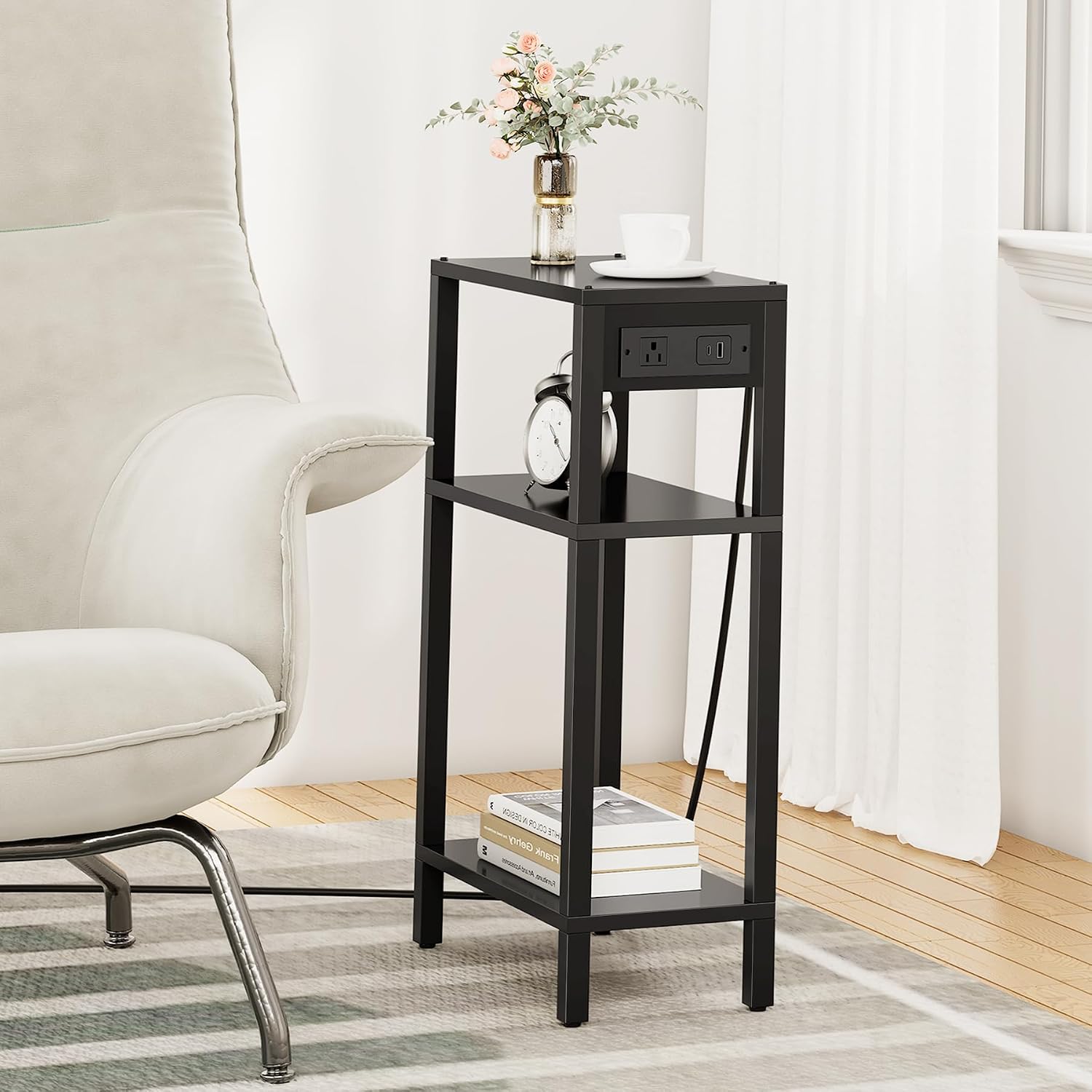 TUTOTAK Narrow Side Table, 3-Tier Small End Table with Charging Station | Skinny Sofa Table, Slim Nightstand, Easy Assembly for Living Room, Bedroom, Black TB01BK079