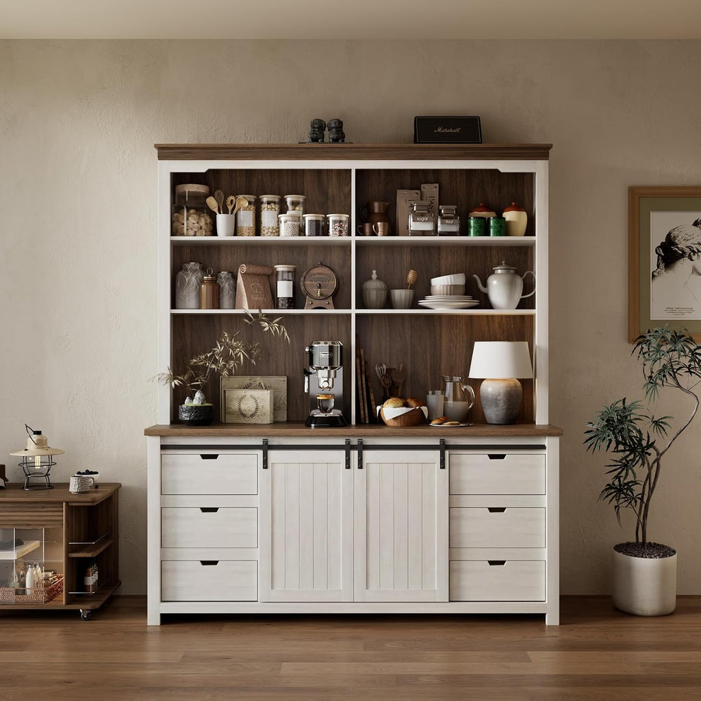 Bobve 78 * 67" Large Farmhouse Pantry Cabinet with Countertop, Buffet Cabinet,Tall Kitchen Hutch with Partitions and 6 Drawers,Suitable for Kitchen,Dining Rooms,Easy to Assemble