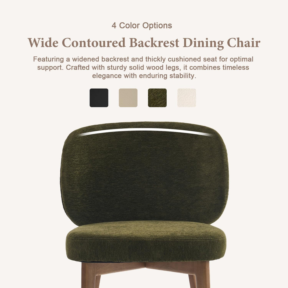 YOUNUOKE Single Dining Chair Modern Dining Room Chair Green | Upholstered Chenille Fabric Kitchen Chair, Widen Curved Backrest Comfy Side Accent Chairs with Wide Padded, Wood Legs