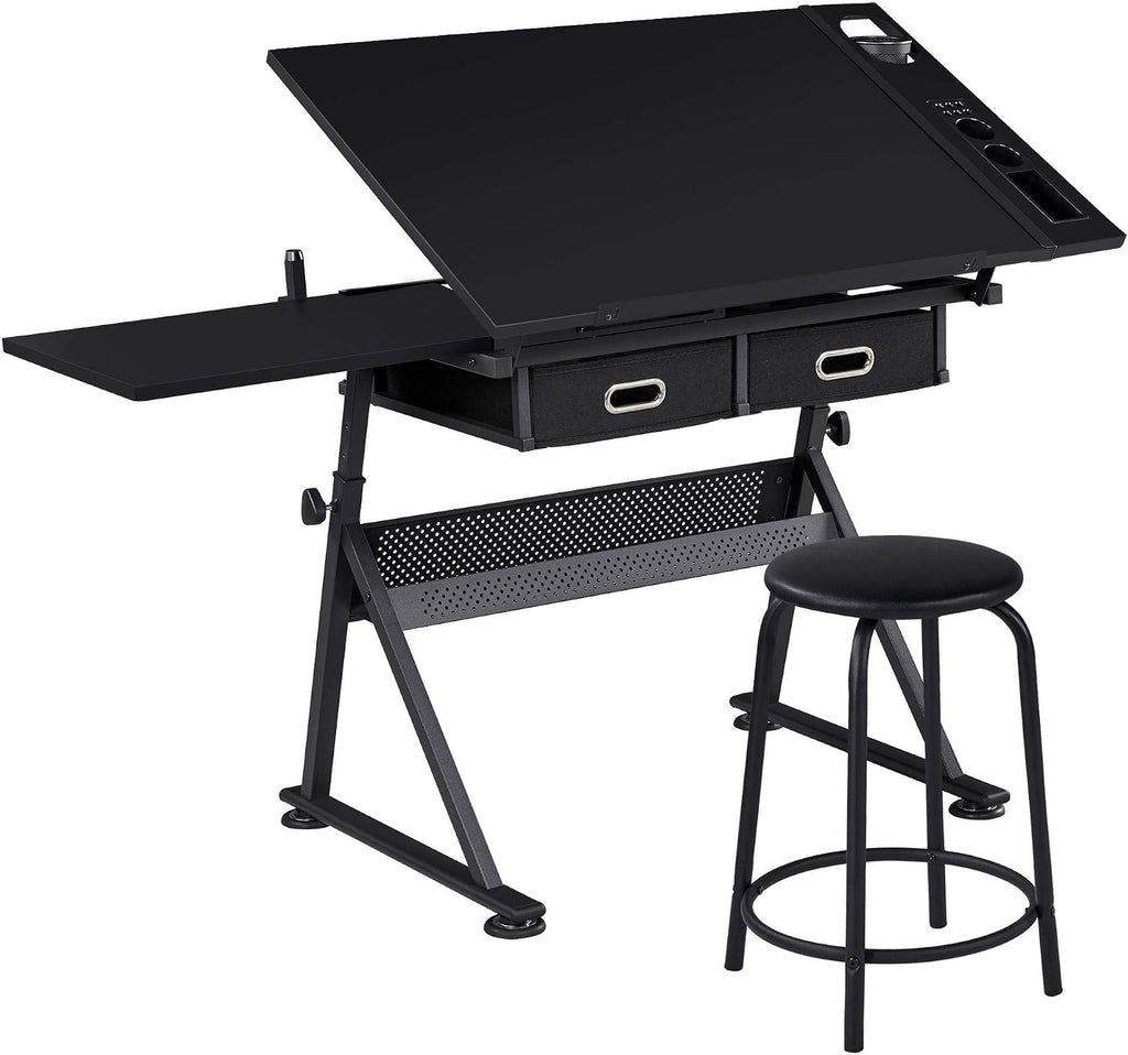 Yaheetech Adjustable Drafting Table Art Desk,Storage Drawers & Stool,Black | MDF tabletop tilts 0-60° on a metal frame for drawing, crafts, and homework, with two supply drawers and a matching stool.
