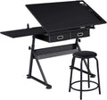 Yaheetech Adjustable Drafting Table Art Desk,Storage Drawers & Stool,Black | MDF tabletop tilts 0-60° on a metal frame for drawing, crafts, and homework, with two supply drawers and a matching stool.