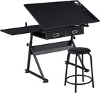 Yaheetech Adjustable Drafting Table Art Desk,Storage Drawers & Stool,Black | MDF tabletop tilts 0-60° on a metal frame for drawing, crafts, and homework, with two supply drawers and a matching stool.