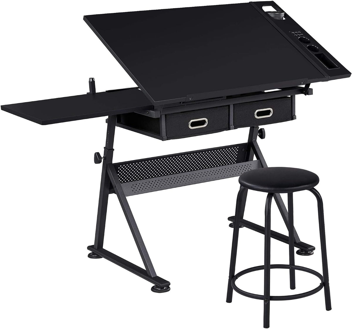 Yaheetech Adjustable Drafting Table Art Desk,Storage Drawers & Stool,Black | MDF tabletop tilts 0-60° on a metal frame for drawing, crafts, and homework, with two supply drawers and a matching stool.