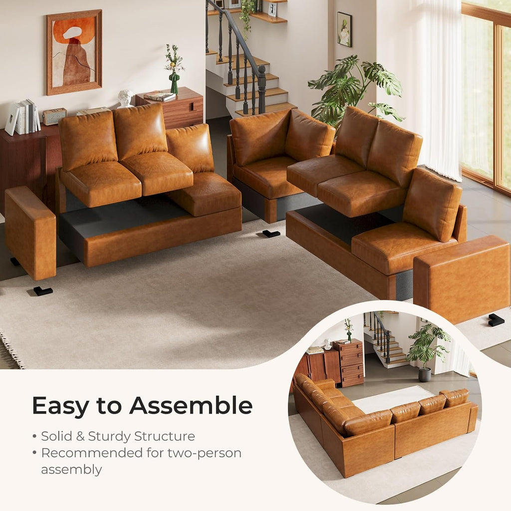 ELUCHANG 113" V-Shaped Modular Sectional Sofa Couch, Modern 7-Seat Premium Faux Leather Deep Seat Sofa with Corner, Removable Cover, Easy Assembly, Large Sofas & Couches for Living Room, Office, Brown