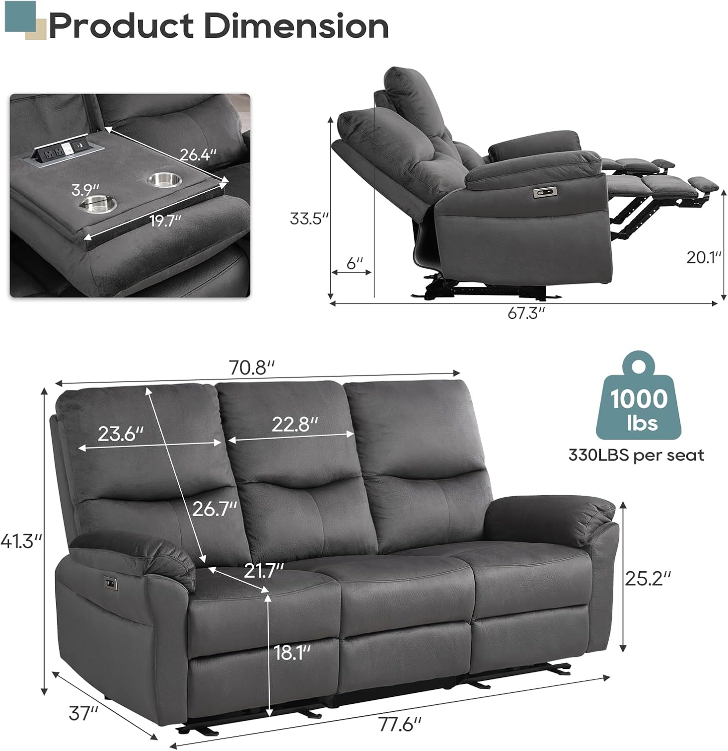 Reclining Sofa, Power Reclining Sofa with Drop-Down Table & Cup Holders, Modern 3 Seat Power Reclining Couch, Wall Hugger Sofa Recliner for Living Room Furniture Sets(Dark Gray)