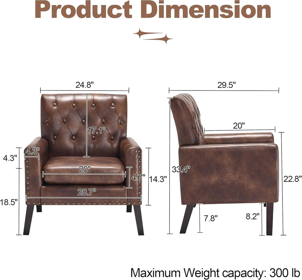 Mid Century Modern Accent Chair Set of 2, Dark Brown Faux Leather Office Chair for Reception - Tufted Leather Club Chair for Living Room, Bedroom, or Waiting Room