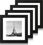 8x8 Picture Frames Set of 4 with High Definition Real Glass, Black Frames Display 6x6 Picture with Mat or 8x8 Without Mat, Wood Square 8 x 8 Photo Frame for Wall Mount and Tabletop Display