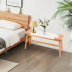 Solid Wood Entryway Bench, 43.31" Wooden Dining Bench, End of Bed Benches w/Hand-Woven Rope Seat for Bedroom, Kitchen Dining Room, Living Room, Entry Décor (White Rope)