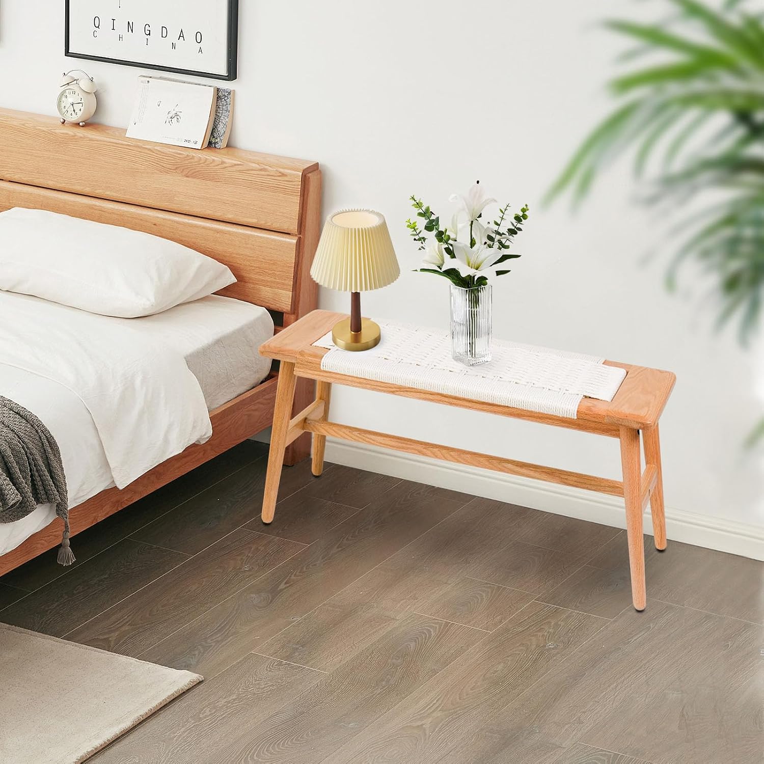Solid Wood Entryway Bench, 43.31" Wooden Dining Bench, End of Bed Benches w/Hand-Woven Rope Seat for Bedroom, Kitchen Dining Room, Living Room, Entry Décor (White Rope)