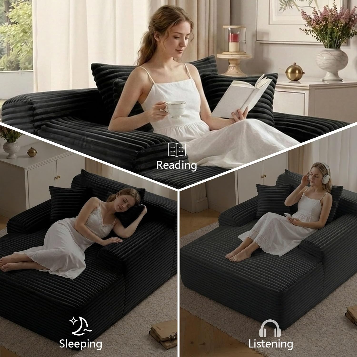 ODUWA 65" Oversized Chaise Lounge Chair Indoor, Cloud Couch Chair with Wide Armrest 3 Pillows, Comfy Cozy Sofa Bed Couches for Living Room No Assembly Require, Black