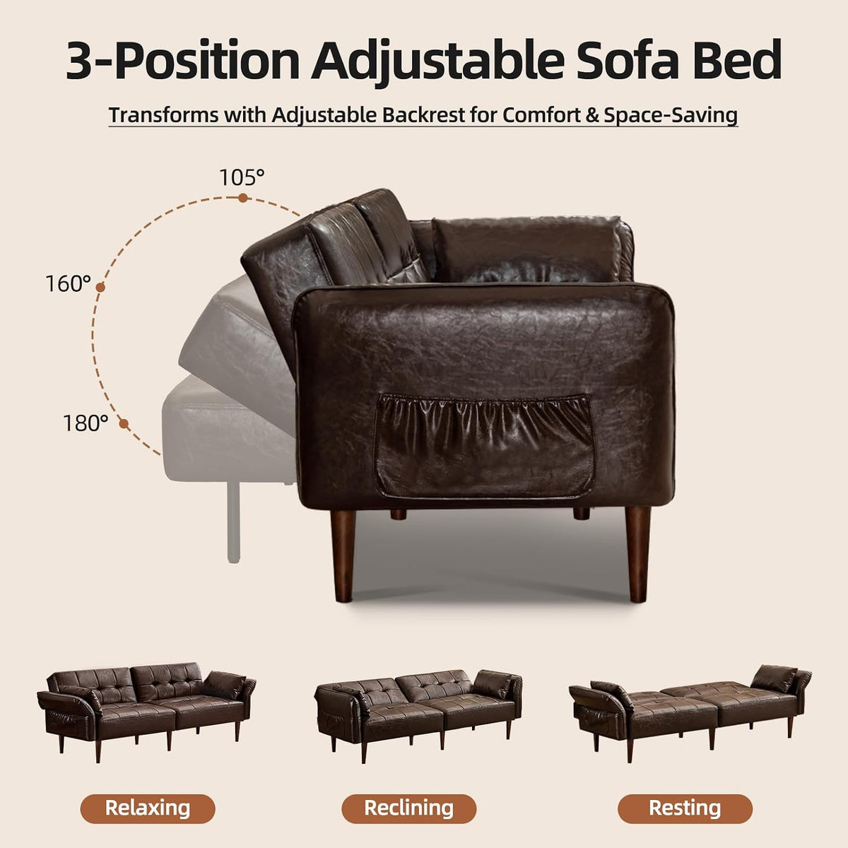 HALLYBEE 85" Futon Faux Leather Couch with Adjustable Armrests Coffee Brown | Futon Sofa Bed, Sleeper Sofa, Small Couch with Pillows, Side Pockets, Mid Century Modern, Living Room, Bedroom, Apartment