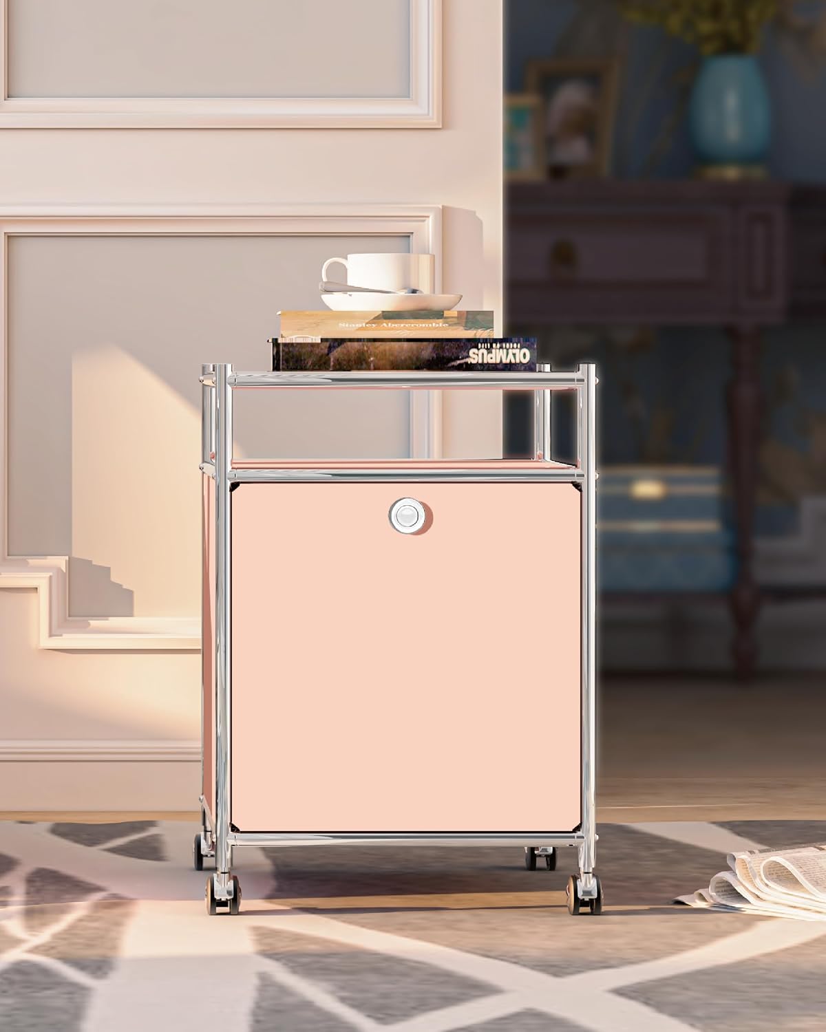 Matte Storage Cart with Flap Door, Large Capacity Storage Cart with Detachable Wheels, DIY Modern Home Furnishing, Great for Home, Office, Bedroom, Kitchen (Matt Pink)