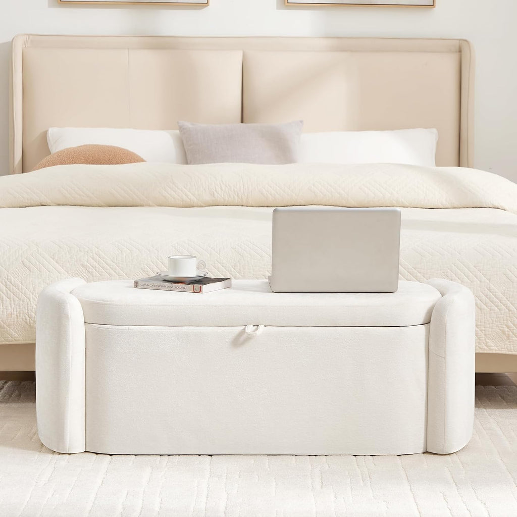 Oval Storage Ottoman Bench, 45" Upholstered Chenille End of Bed Bench Ottomans Bench, Storage Ottoman Foot Rest, Living Room and Hallway, Beige