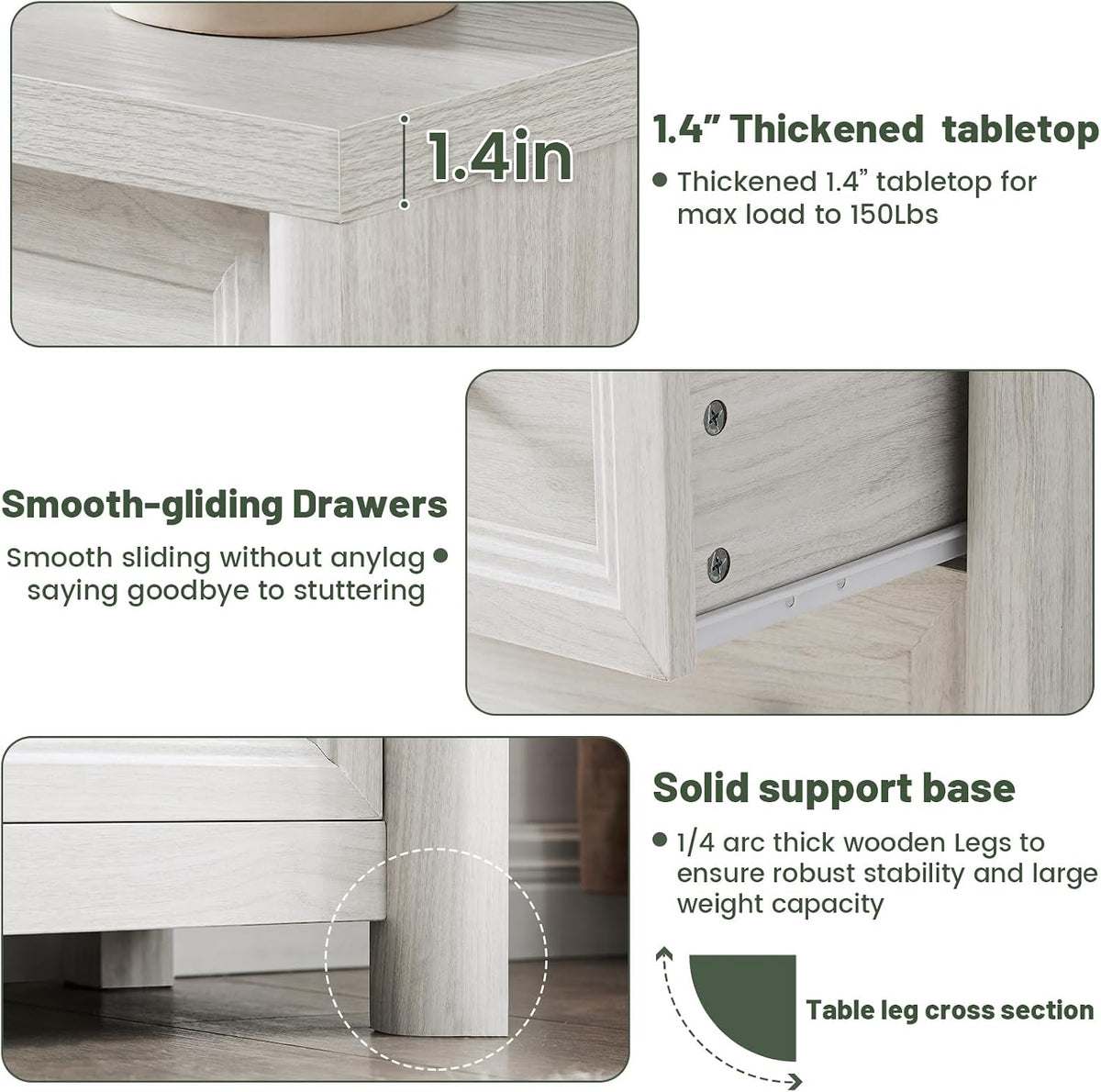 White Nightstand with 3 Drawers, Wood Night Stand with Metal Knobs, Farmhouse Bed Side Table for Bedroom, Modern End Table for Living Room Home Office Storage 1PC