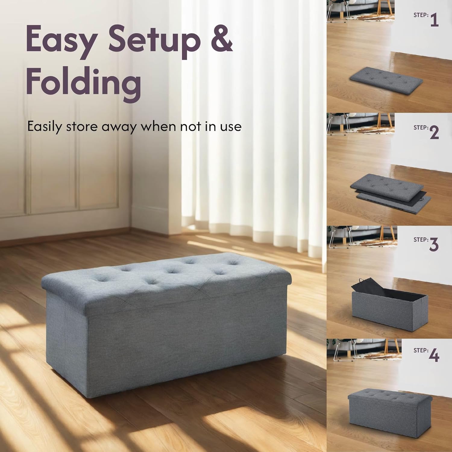 Folding Storage Ottoman Bench, Ottoman Foot Rest, End of Bed Bench, Storage Chest, for Living Room, Bedroom, Entryway, 35 Inches, Gray