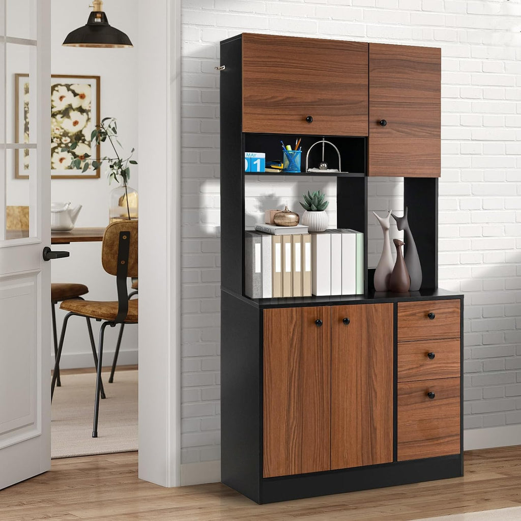 LOKO 71” Tall Kitchen Pantry Storage Cabinet, Freestanding Buffet Hutch with Doors, Adjustable Shelves, 3 Drawers and Microwave Stand, Kitchen Hutch for Dining Room, Living Room (Walnut)