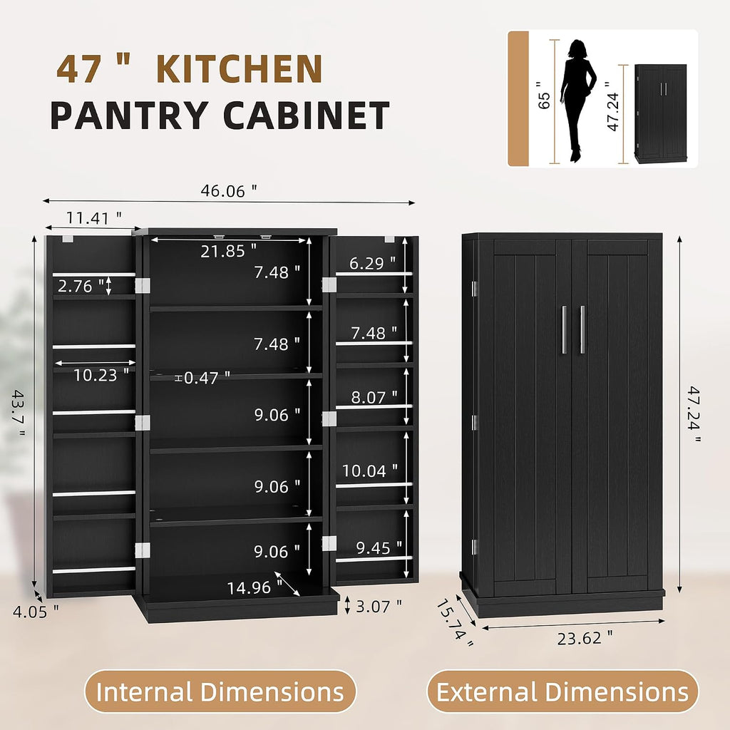Shintenchi 47'' Kitchen Pantry Cabinet, 5-Layer Storage Cupboard, Black | Adjustable Shelves, for Organizing and Storing Food Items, Versatile Buffet Sideboard, for Kitchen, Bathroom and Laundry