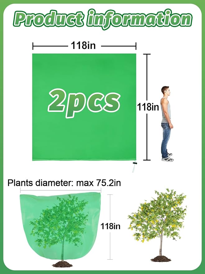 ANPHSIN 2 pcs 9.8ft x 9.8ft Extra Large Plant Covers Freeze Protection- Winter Shrub Plant Protection Bags, Frost Blankets Cloths with Drawstring for Outdoor Garden Potted Plants Shrub, Green