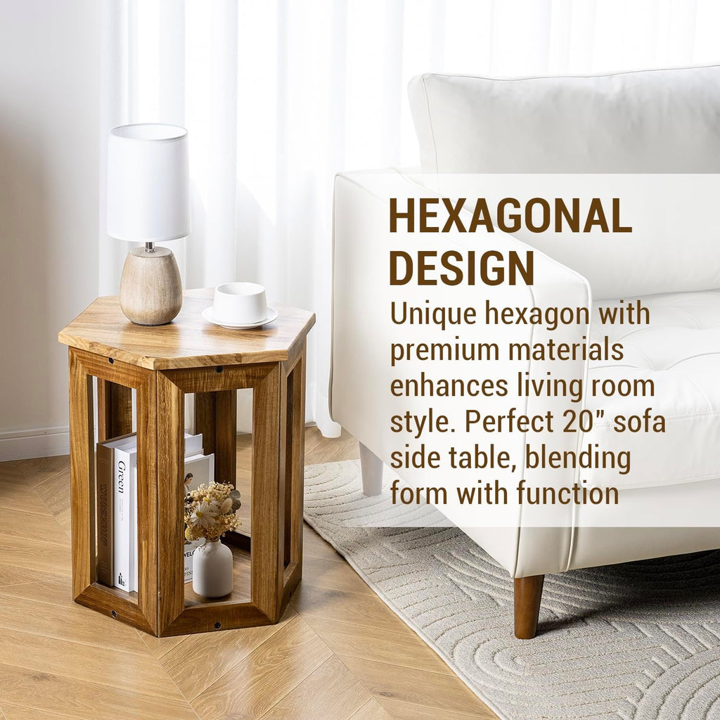 MyGift Hexagon Acacia Wood End Table with Shelf – 20-Inch Tall Small Side Table for Living Room or Bedroom