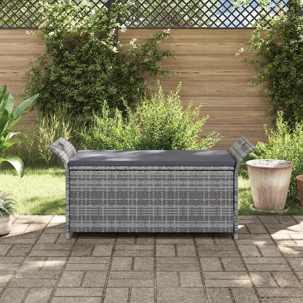 Poly Rattan Patio Storage Bench with Cushion, 54.3" Waterproof PE Outdoor Bench with Large Storage Space and Removable Polyester Cover, Gray