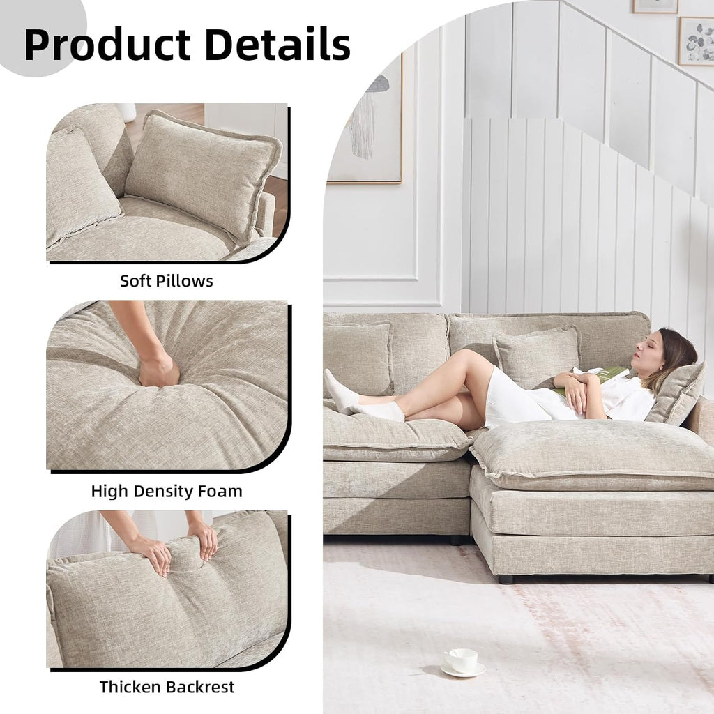 GNIXUU 76.7" Camel Small L Shaped Cloud Couch Loveseat Sofa with Ottoman | Modular Sectional Couches for Small Places, Living Room, Apartment, Studio, Office, Deep Seat, 2 Seater Sofa, Chenille Fabric