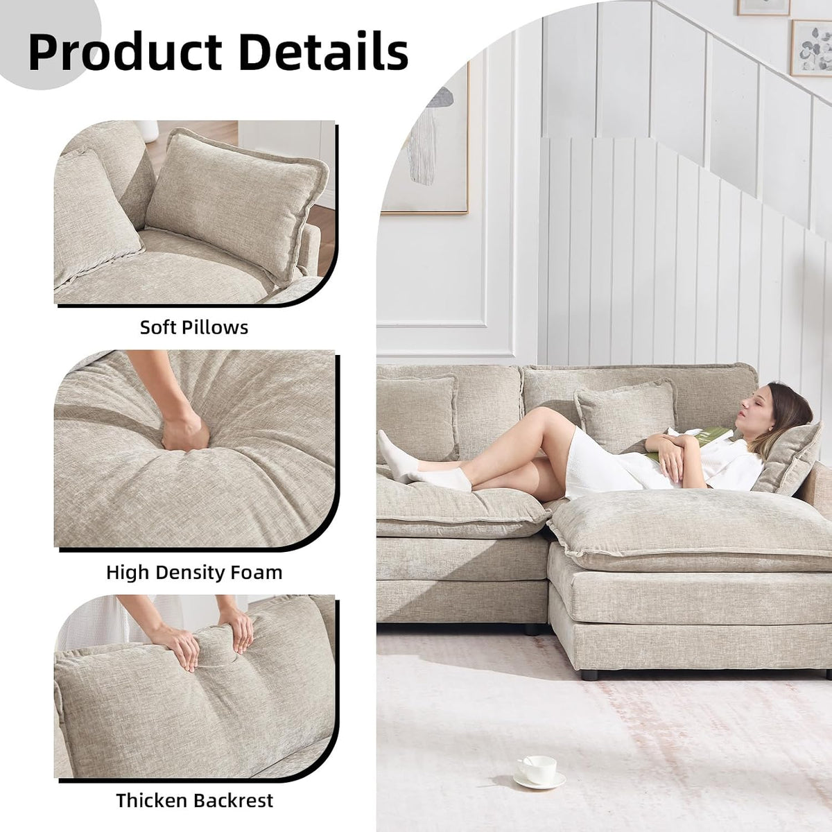 GNIXUU 76.7" Camel Small L Shaped Cloud Couch Loveseat Sofa with Ottoman | Modular Sectional Couches for Small Places, Living Room, Apartment, Studio, Office, Deep Seat, 2 Seater Sofa, Chenille Fabric